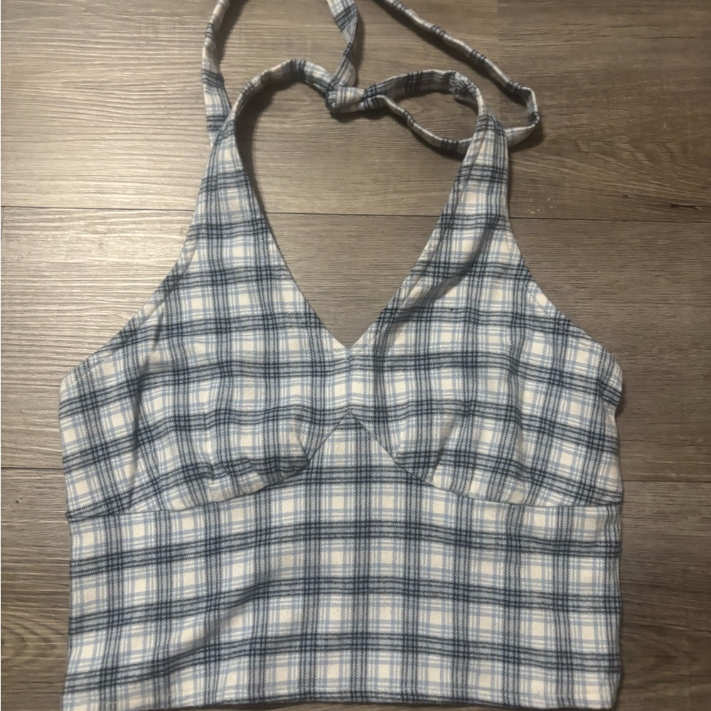 Hollister Blue and White Checkered Halter Top